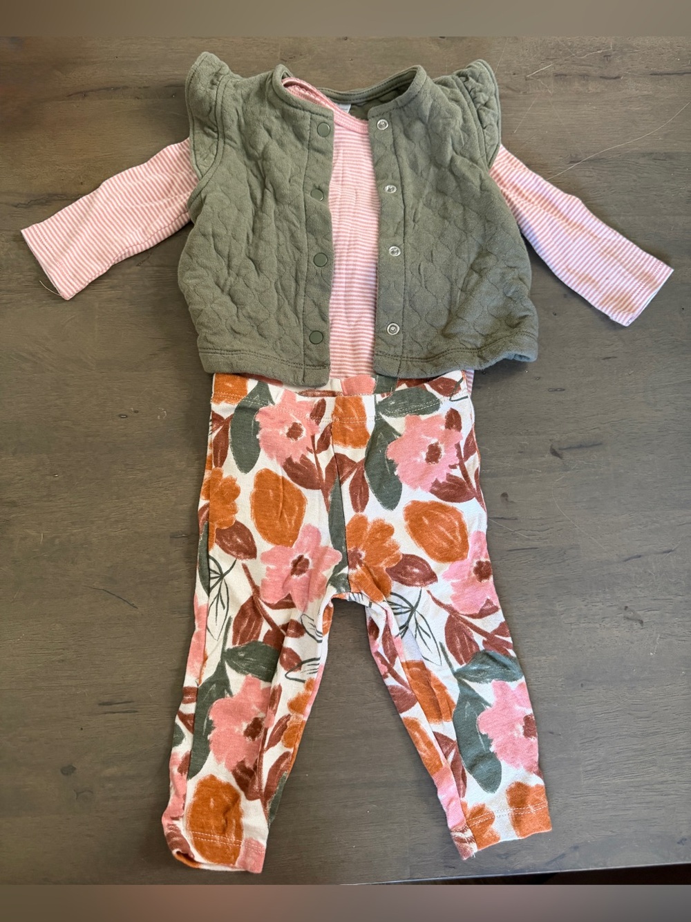 Carters Baby 3pc Fall Floral Leggings and Pink Top Set with Olive Quilted Vest